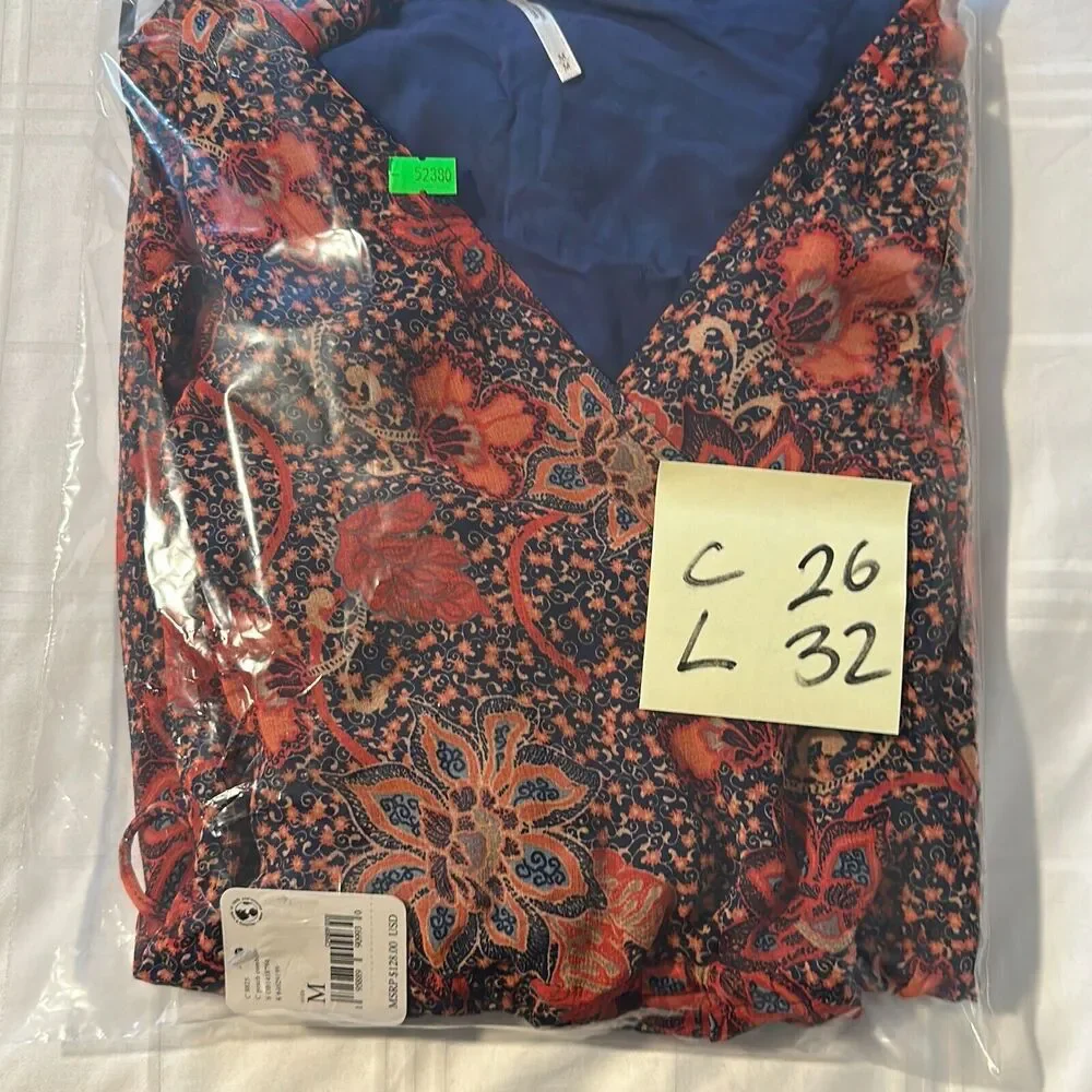 Free People Women's Peach Combo Floral V-Neck Long Sleeve Teegan Mini Dress Sz M - Picture 5 of 6
